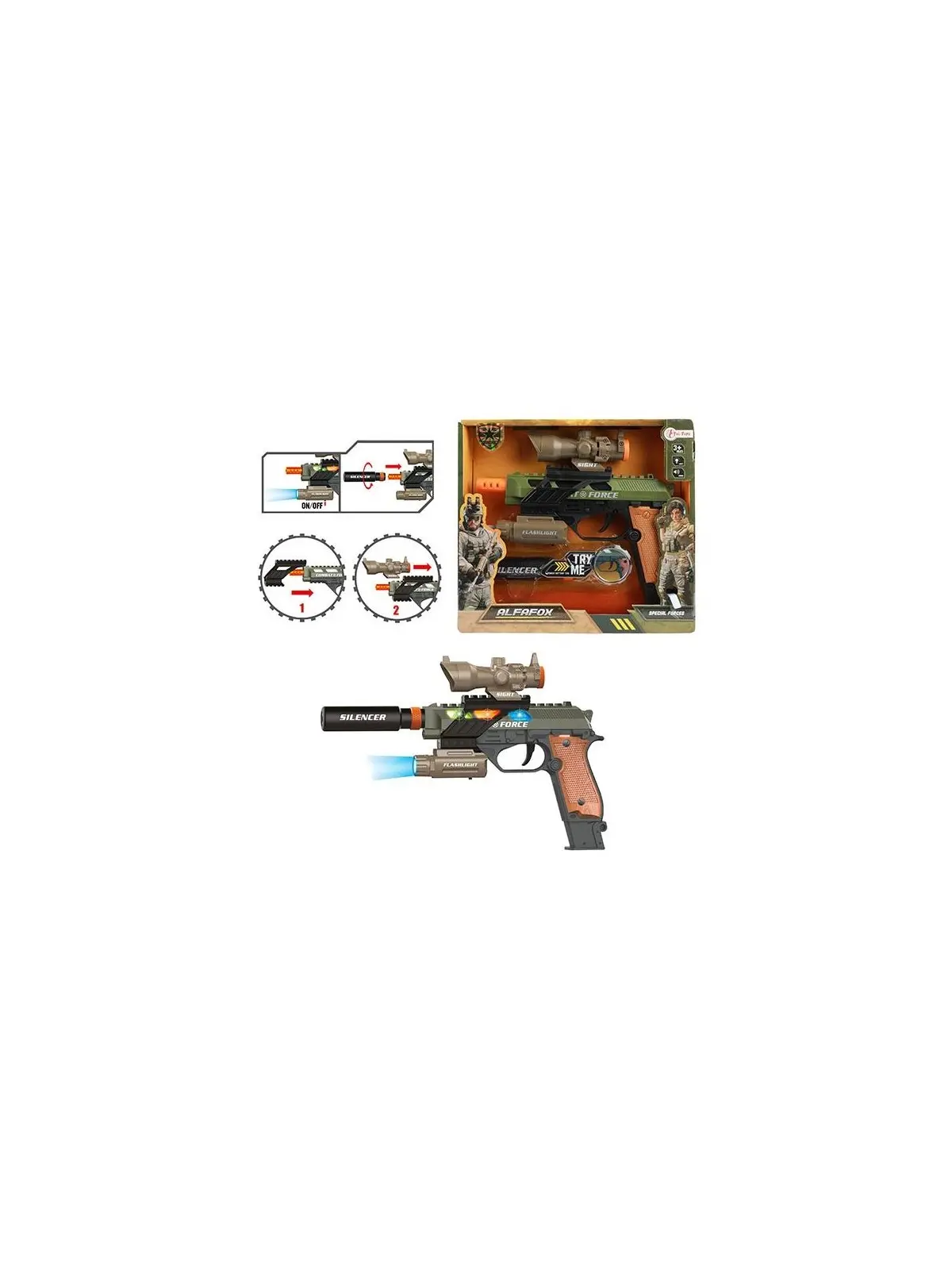Alfafox Militärpistole mit Schalldämpfer und Taschenlampe