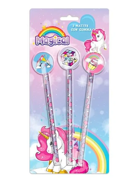 Magical Unicorn Set 3 Matite con Gomma